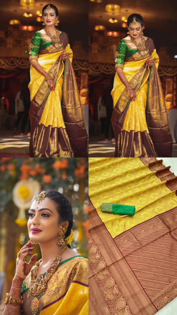 Saree Banarasi en Soie Jaune et Rouge – Élégance Royale (Réf : A018)